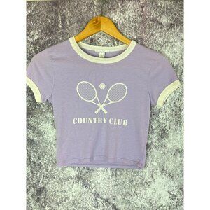 Full tilt Purple Country Club Tennis Graphic Tee Shirt T Top Blouse Cropped wome